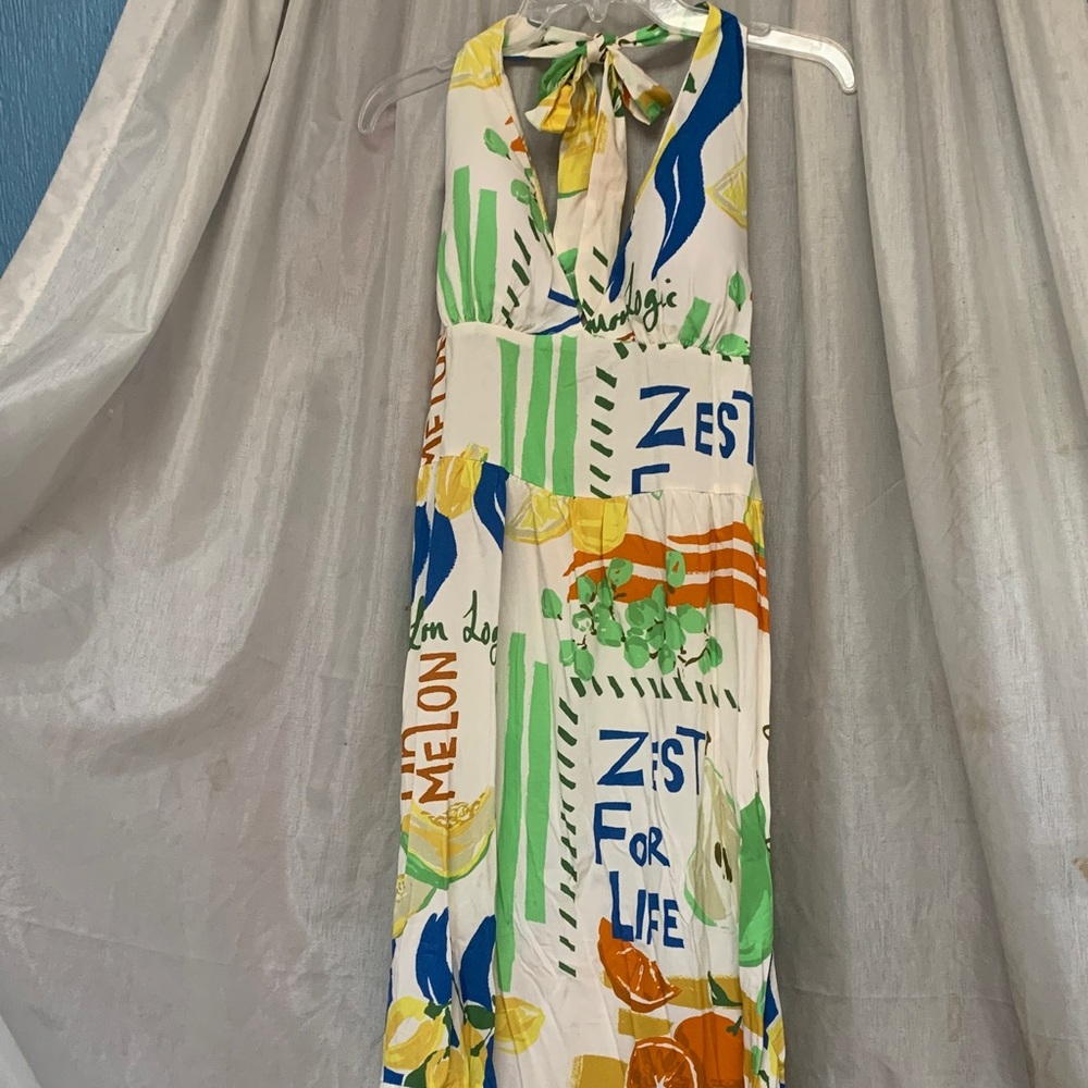 Sleeveless Printed Maxi Dress in White with Multicolor Fruit Motif